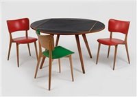 a “square-round” dining table and three chairs, model no. 477 (“kreuzzargen” chairs) by max bill